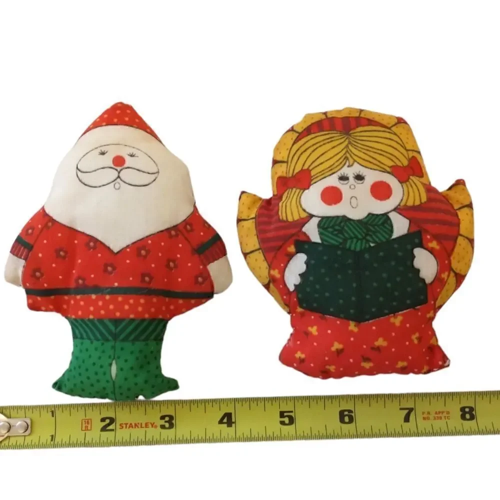 Vtg 80s Christmas Stuffed Ornament Lot‎ of 2 Fabric Handmade Angel Santa Claus.